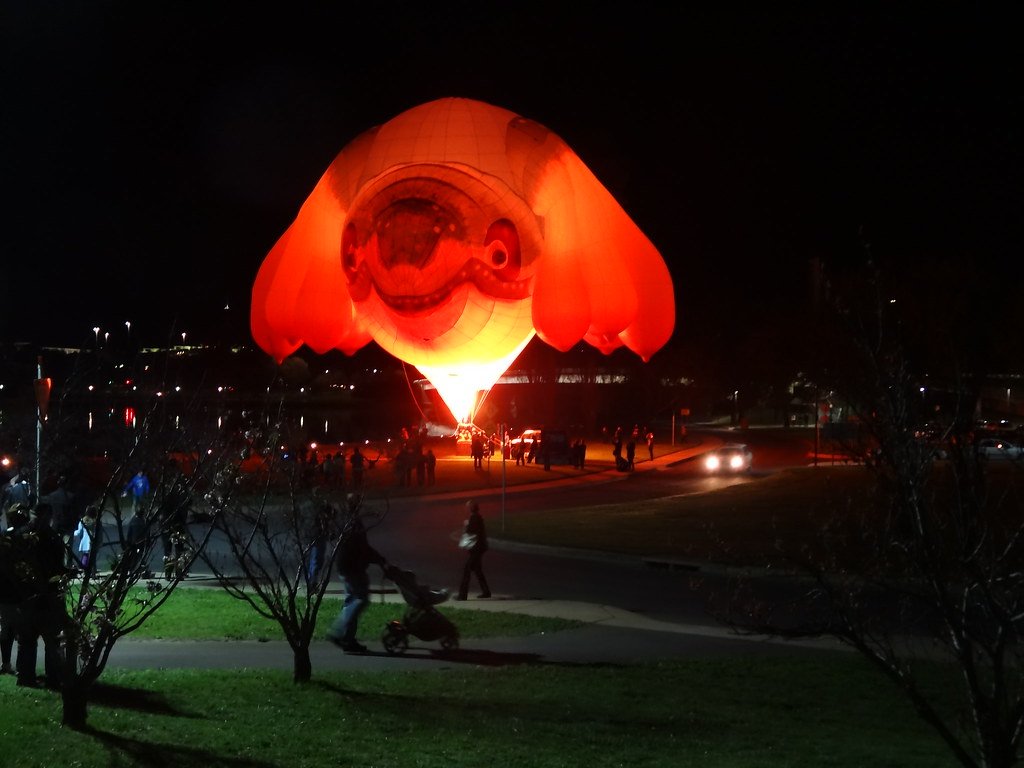 Skywhale. it has eight udders or breasts at Canberra Floriade. This is a giant hot air balloon lit up at night for the F